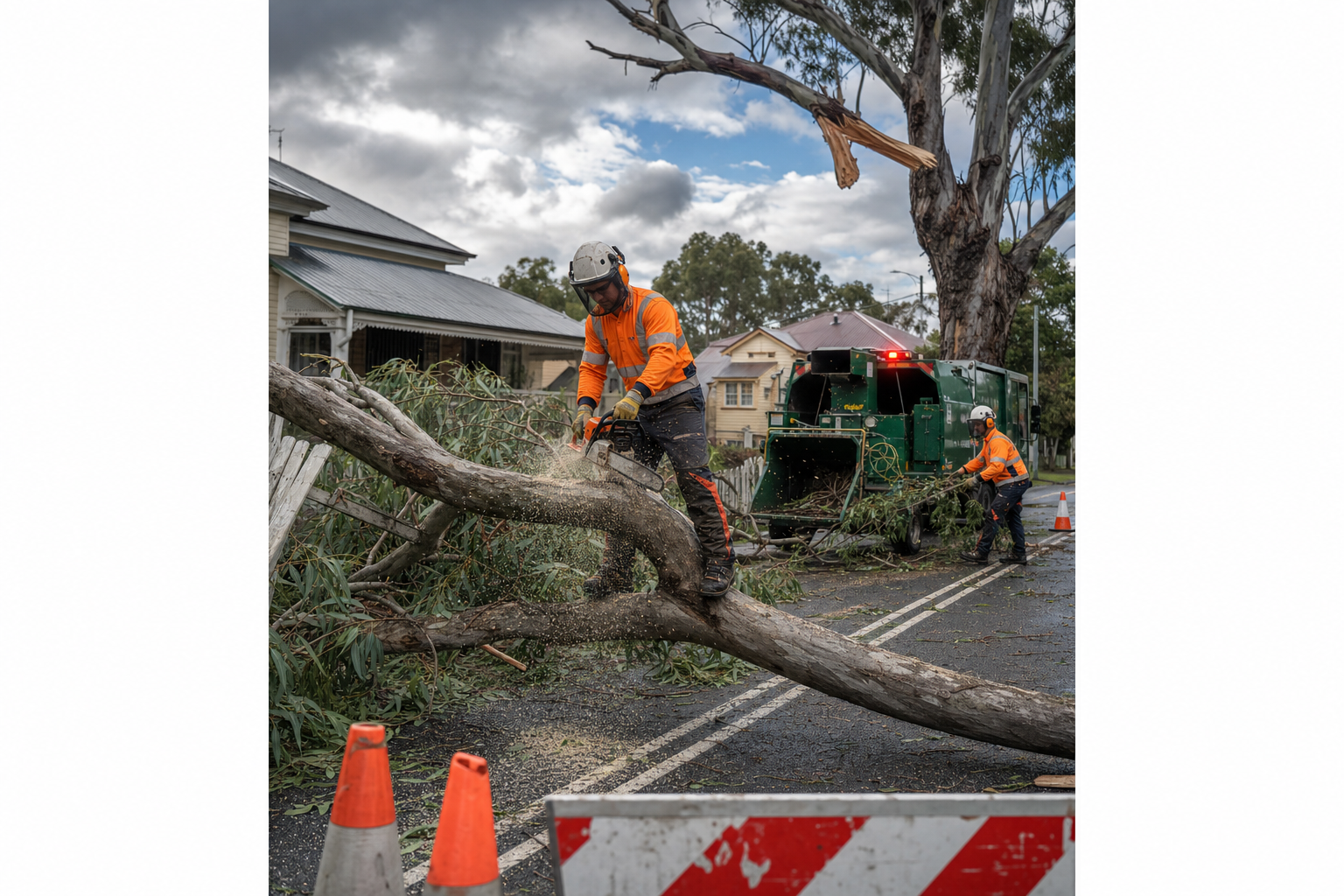 Rivercity Environmental crew on a reactive callout in South East Queensland — storm-damaged tree being made safe